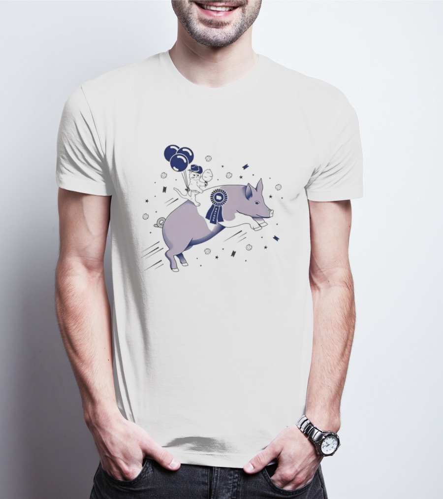 Raygun Cartoon Cowboy Cat Riding Flying Pig With Iowa Ribbon And Balloons T-Shirt