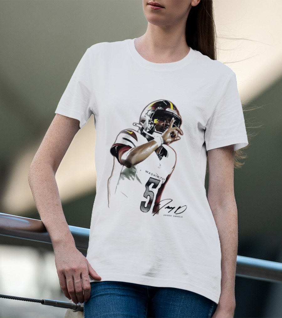 Washington Commanders Jayden Daniels Quarterback Finger To Lips Photo Cutout T-Shirt
