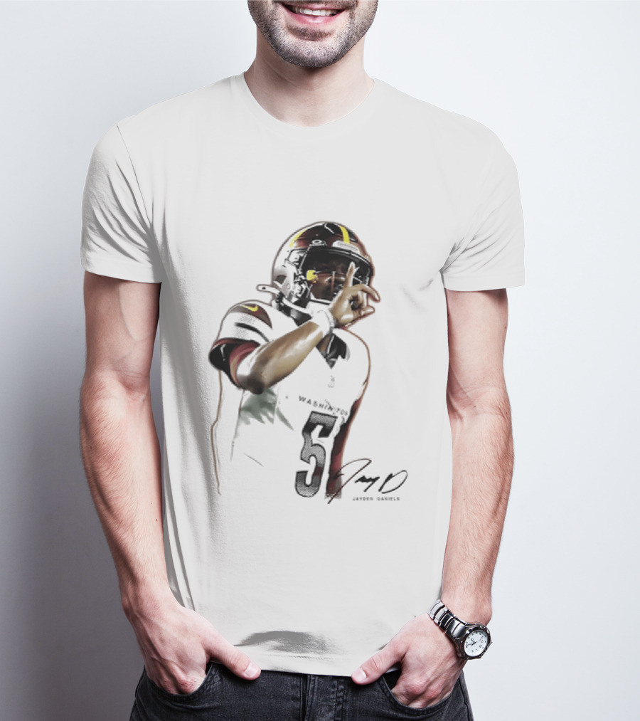 Washington Commanders Jayden Daniels Quarterback Finger To Lips Photo Cutout T-Shirt
