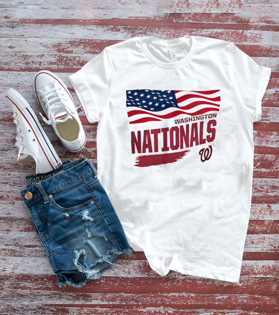 Washington Nationals Waving American Flag Red Brushstroke MLB T-Shirt