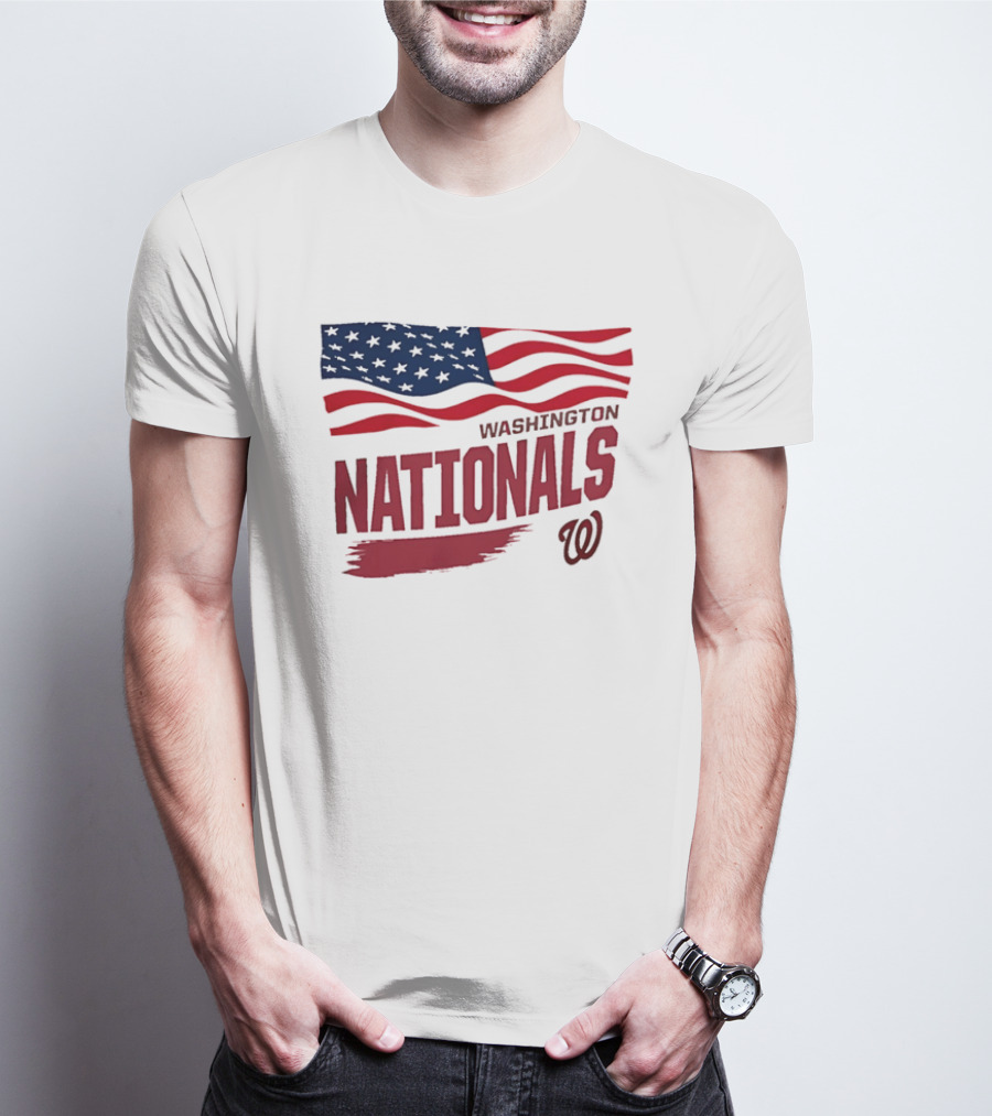 Washington Nationals Waving American Flag Red Brushstroke MLB T-Shirt