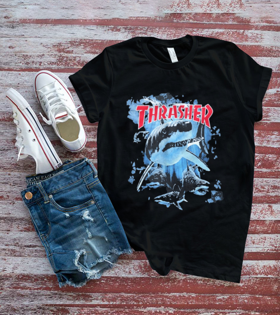 Thrasher Shark Blue Print Skateboarding T-Shirt