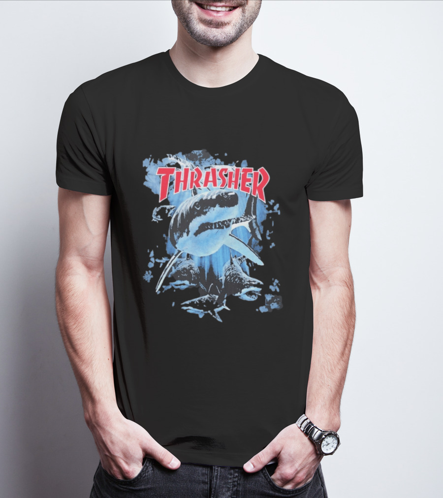 Thrasher Shark Blue Print Skateboarding T-Shirt