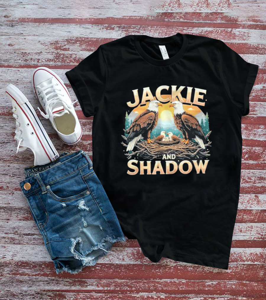 Jackie And Shadow American Eagles Family In Nest With Mountains And Sun T-Shirt
