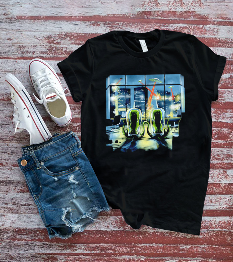 Project Rigel Alien Invasion City Battle Scene With Flying Saucers And Lasers T-Shirt