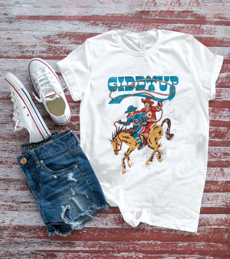 Calgary Flames Edmonton Oilers NHL Hockey Players Giddyup Cartoon Riding Bucking Horse Lasso T-Shirt