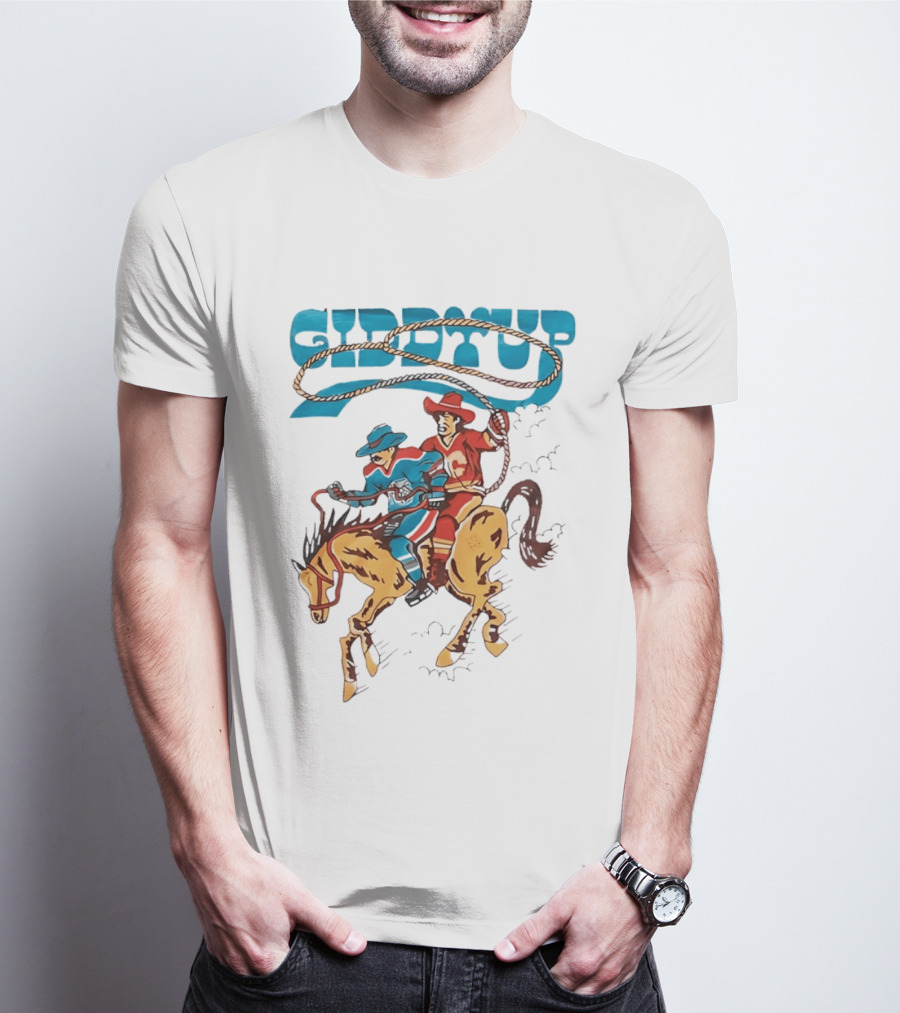 Calgary Flames Edmonton Oilers NHL Hockey Players Giddyup Cartoon Riding Bucking Horse Lasso T-Shirt