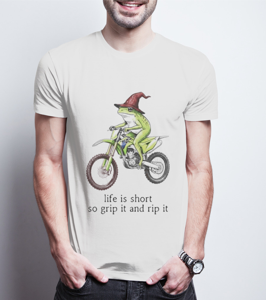 Life Is Short So Grip It And Rip It Frog Red Wizard Hat Green Dirt Bike Adventure T-Shirt