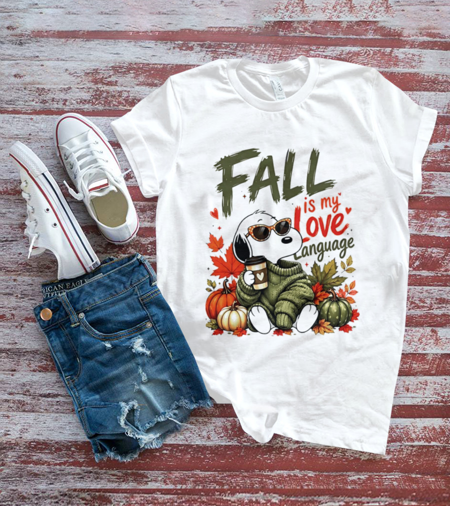 Fall Is My Love Language Cartoon Dog Cozy Green Sweater Pumpkins Leaves Coffee T-Shirt