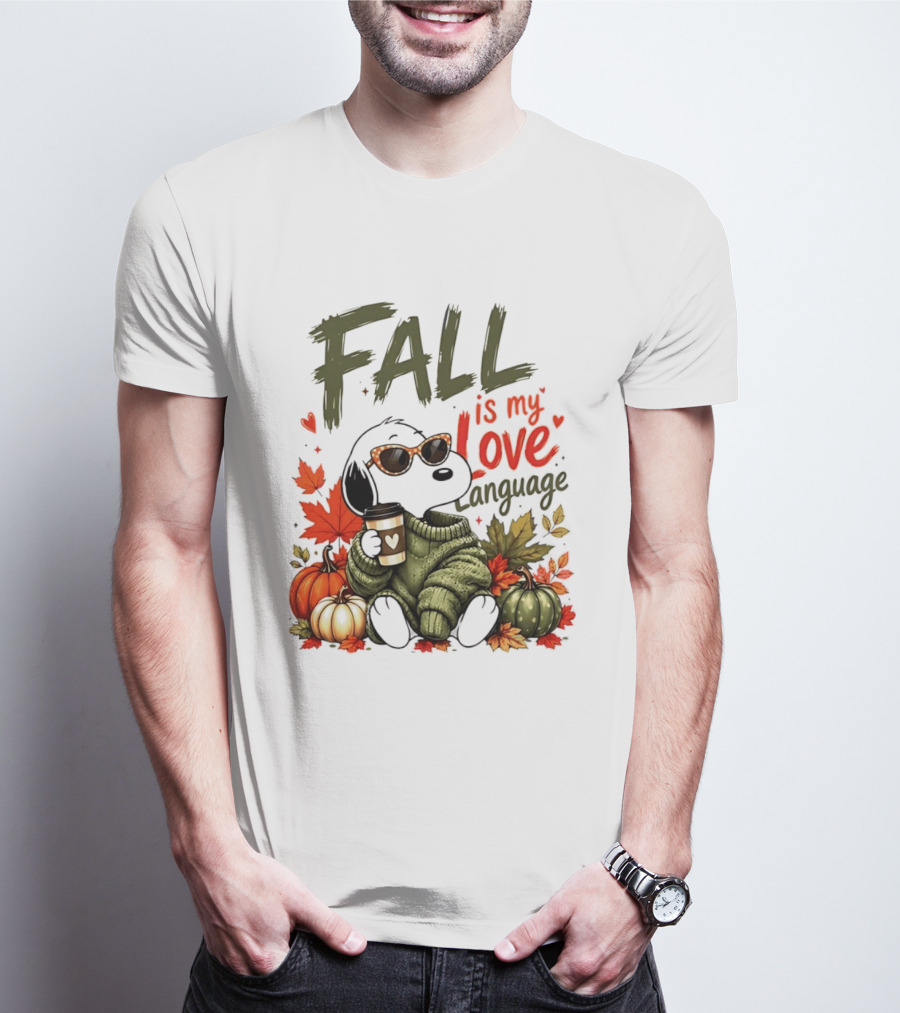 Fall Is My Love Language Cartoon Dog Cozy Green Sweater Pumpkins Leaves Coffee T-Shirt