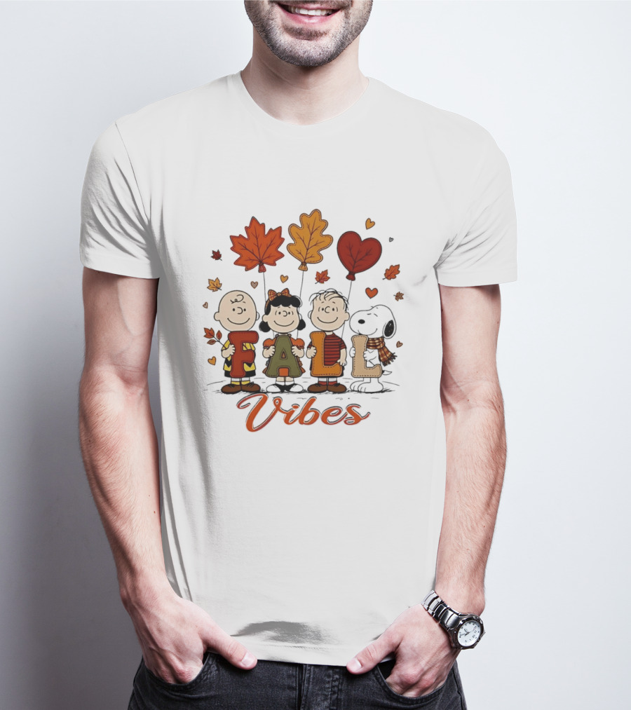 Fall Vibes Peanuts Characters With Leaf Balloons T-Shirt