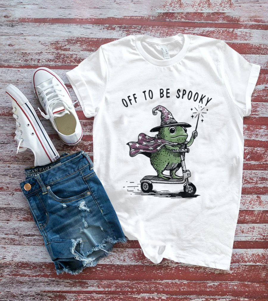 Frog Wizard On Scooter With Cape Off To Be Spooky Magic Wand T-Shirt