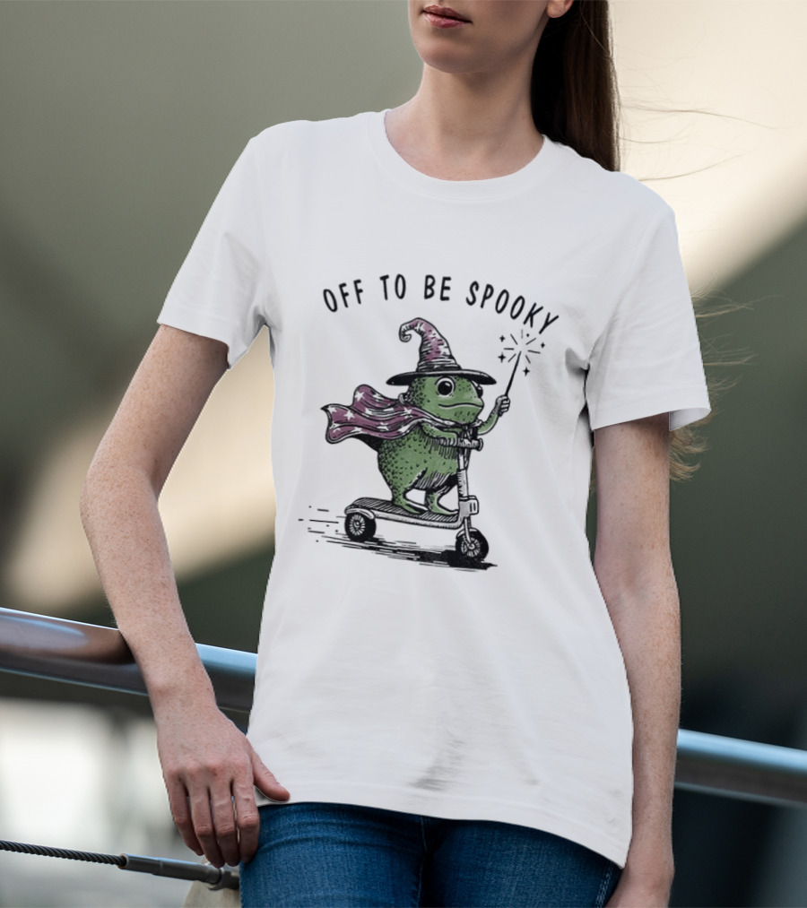 Frog Wizard On Scooter With Cape Off To Be Spooky Magic Wand T-Shirt