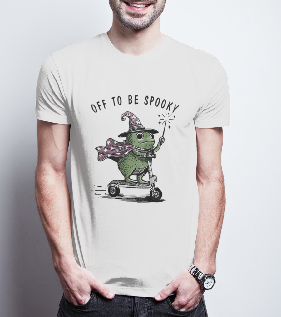 Frog Wizard On Scooter With Cape Off To Be Spooky Magic Wand T-Shirt
