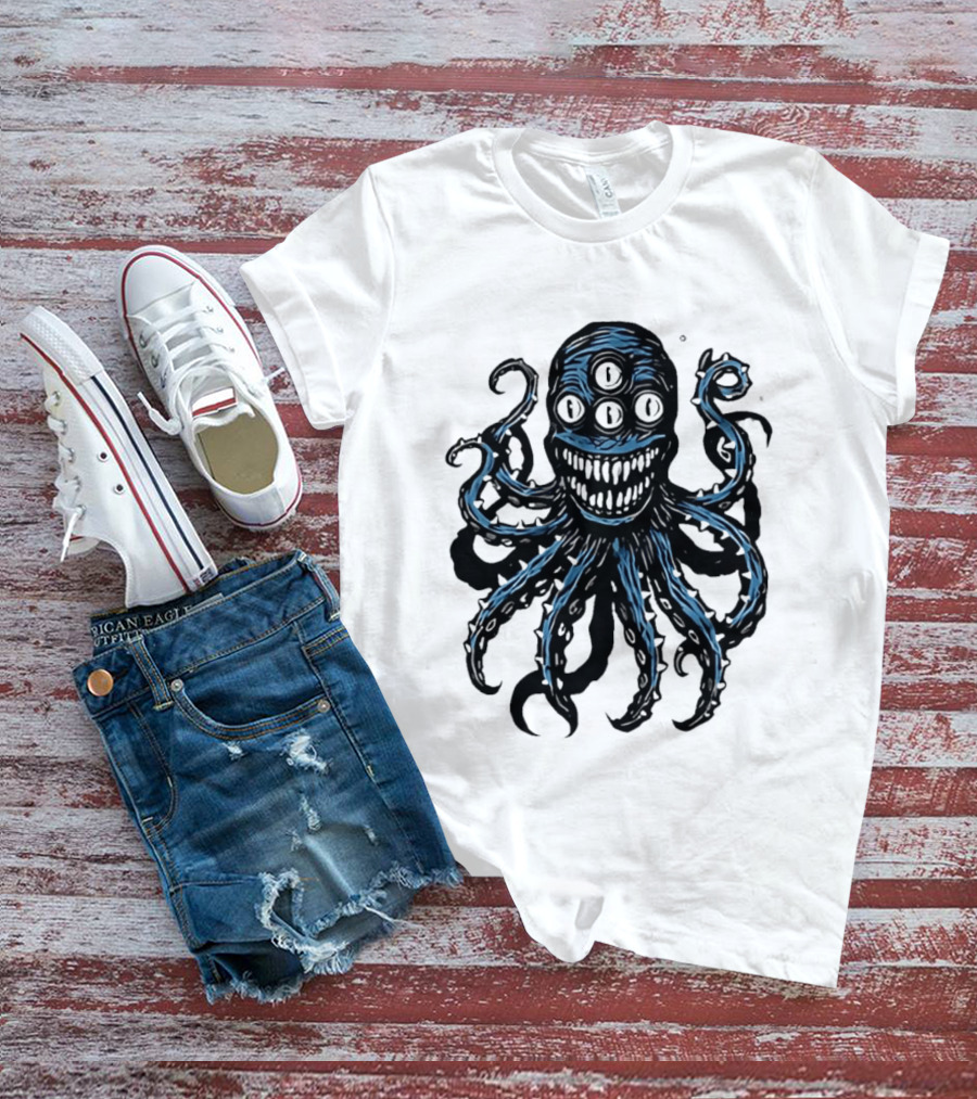 Monstrous Spiky Tentacles Blue Octopus Woodcut T-Shirt