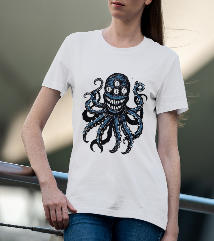 Monstrous Spiky Tentacles Blue Octopus Woodcut T-Shirt