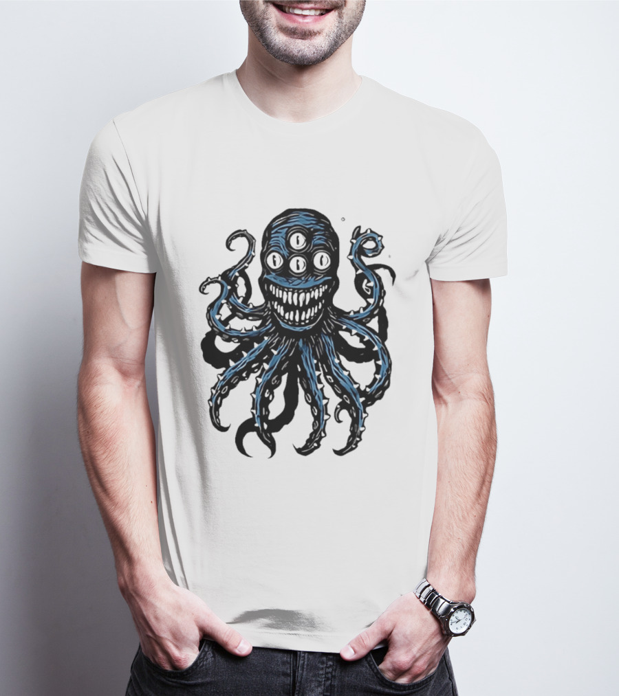 Monstrous Spiky Tentacles Blue Octopus Woodcut T-Shirt