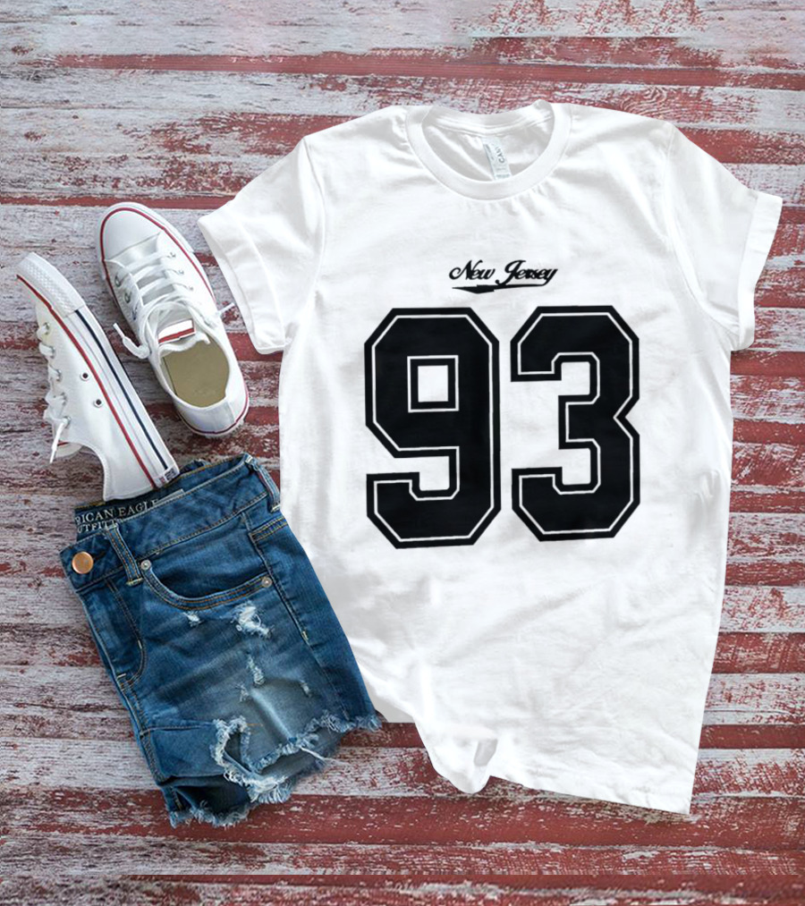 New Jersey 93 Cursive Script Black Varsity Block Number T-Shirt