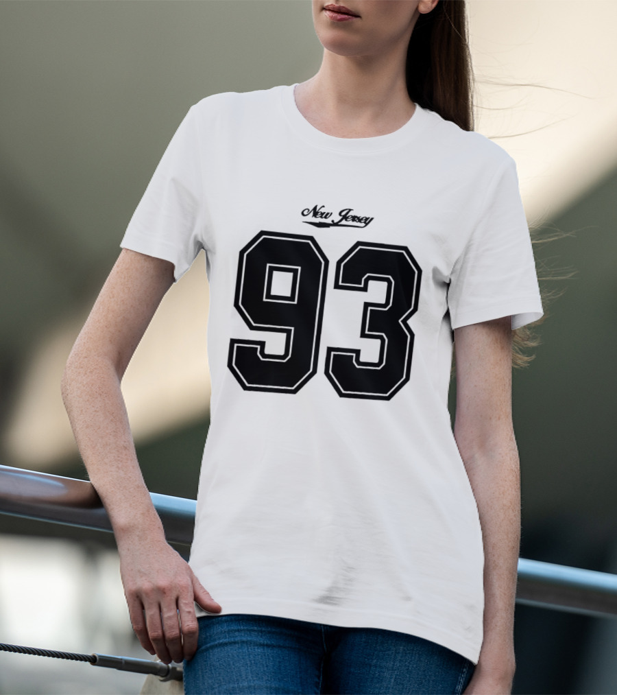 New Jersey 93 Cursive Script Black Varsity Block Number T-Shirt