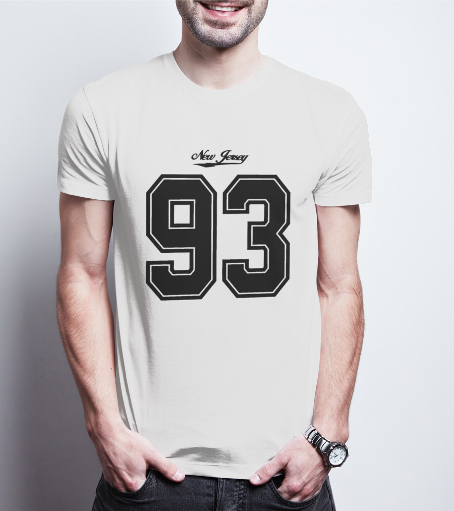 New Jersey 93 Cursive Script Black Varsity Block Number T-Shirt