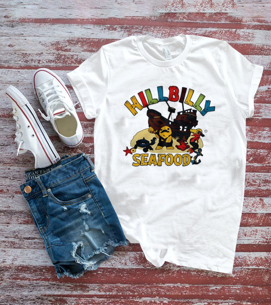 Hillbilly Seafood Cartoon Pirate Ship And Ocean Life Fish Adventure T-Shirt