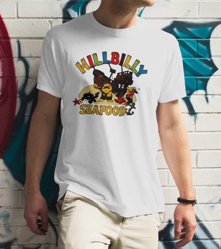 Hillbilly Seafood Cartoon Pirate Ship And Ocean Life Fish Adventure T-Shirt