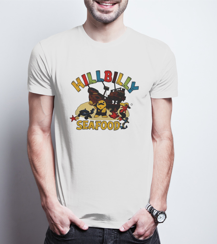 Hillbilly Seafood Cartoon Pirate Ship And Ocean Life Fish Adventure T-Shirt