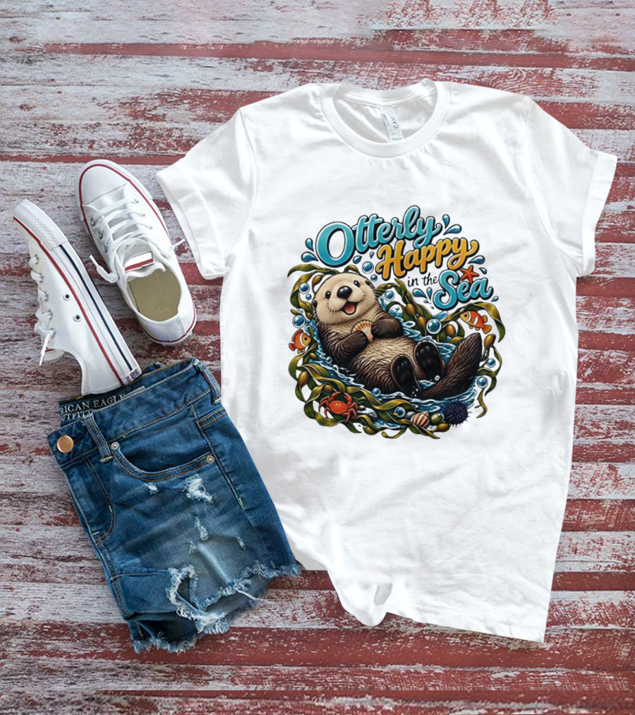 Otterly Happy In The Sea Cartoon Otter Floating With Kelp, Shell, Fish, Crab T-Shirt