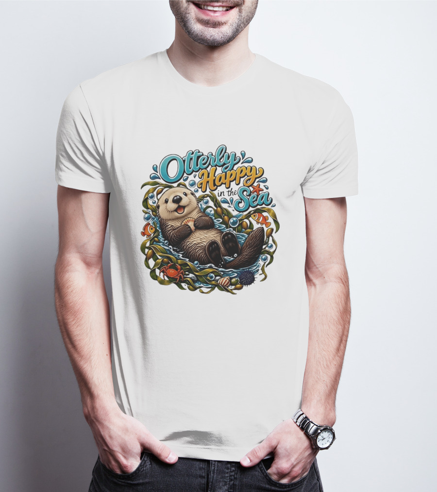 Otterly Happy In The Sea Cartoon Otter Floating With Kelp, Shell, Fish, Crab T-Shirt