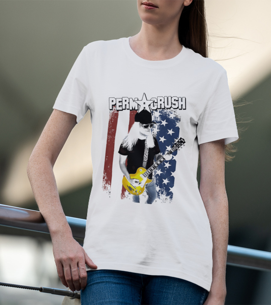 Perm A Crush Long Blonde Hair Yellow Guitar American Flag T-Shirt