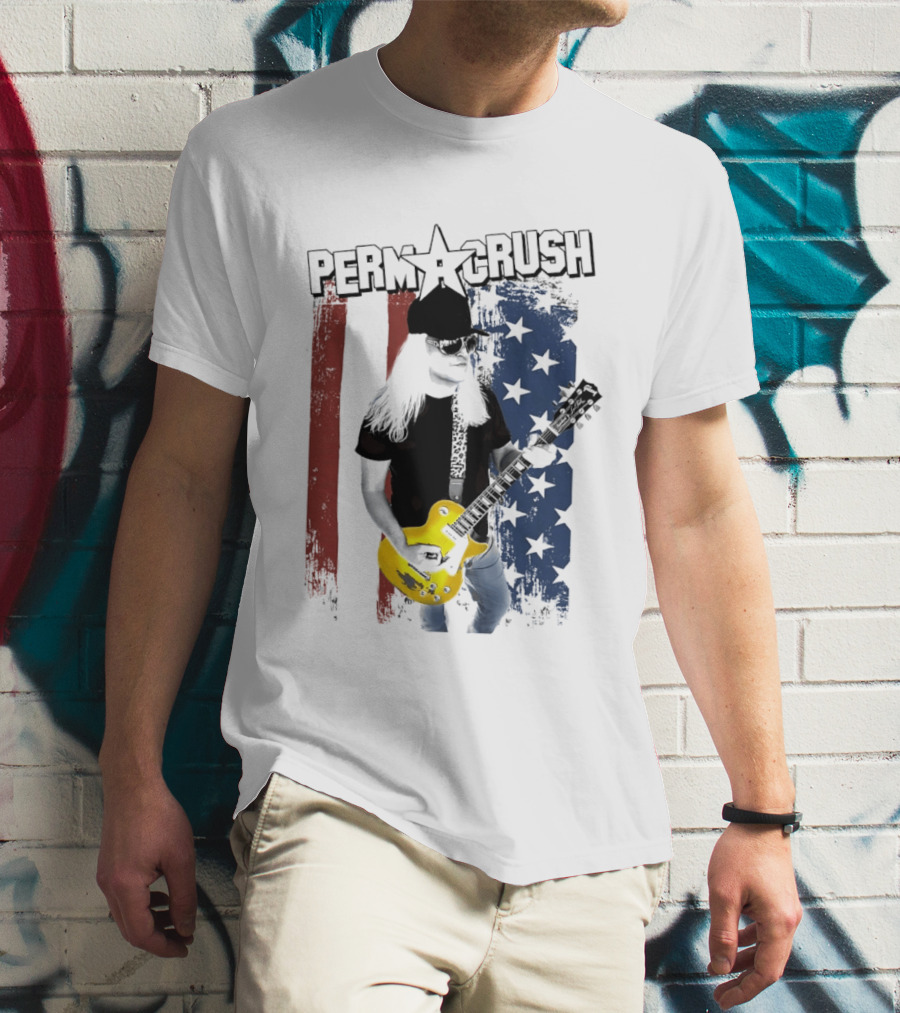 Perm A Crush Long Blonde Hair Yellow Guitar American Flag T-Shirt