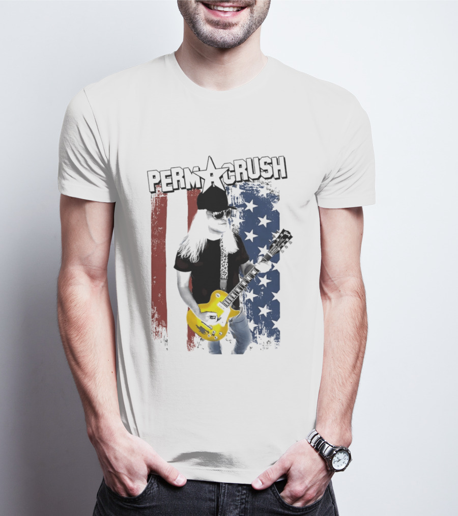 Perm A Crush Long Blonde Hair Yellow Guitar American Flag T-Shirt