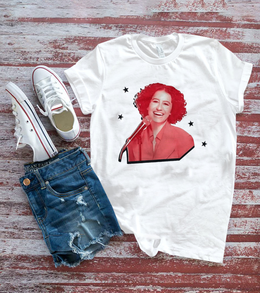 Red Tinted Woman Curly Hair Microphone Black Stars T-Shirt