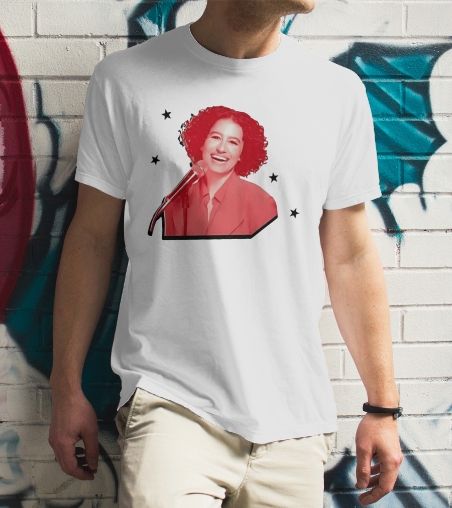 Red Tinted Woman Curly Hair Microphone Black Stars T-Shirt