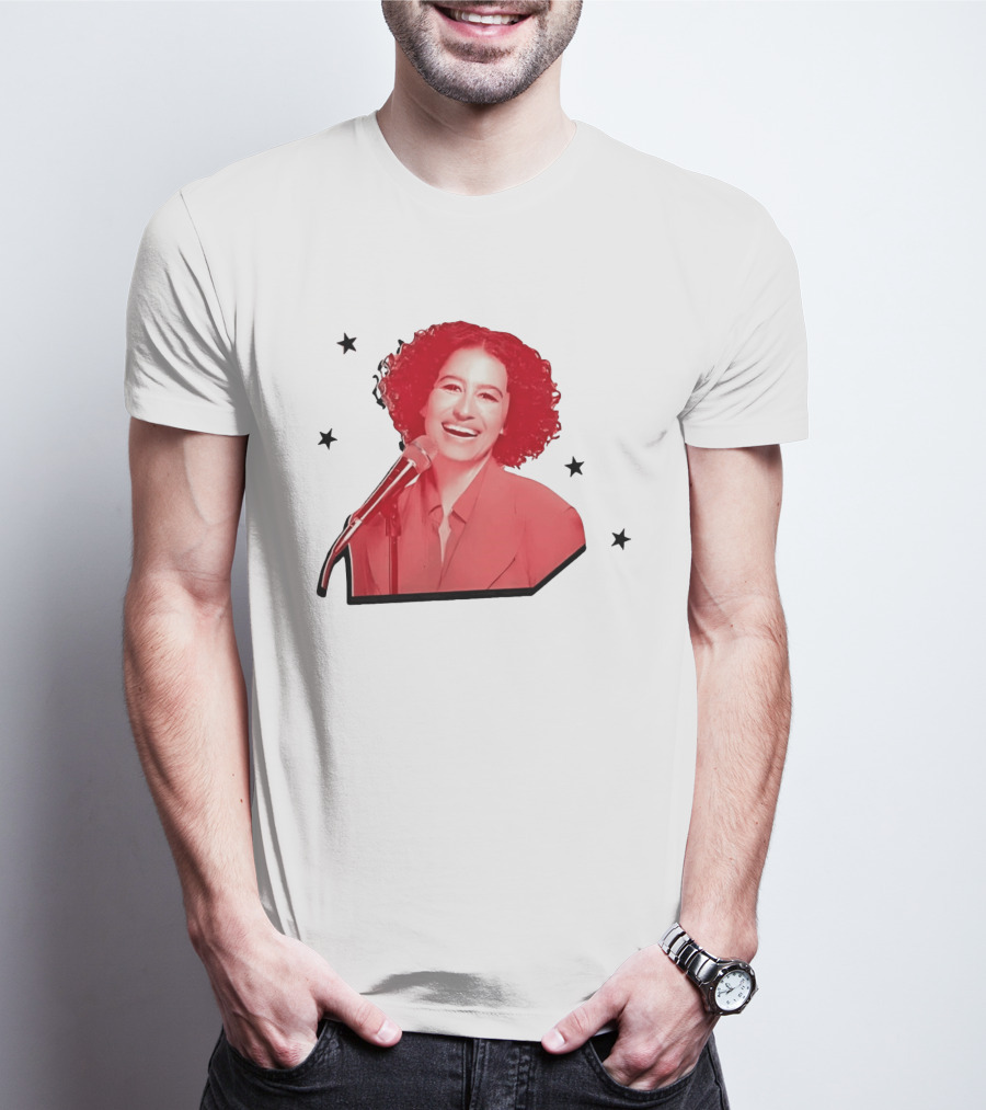 Red Tinted Woman Curly Hair Microphone Black Stars T-Shirt
