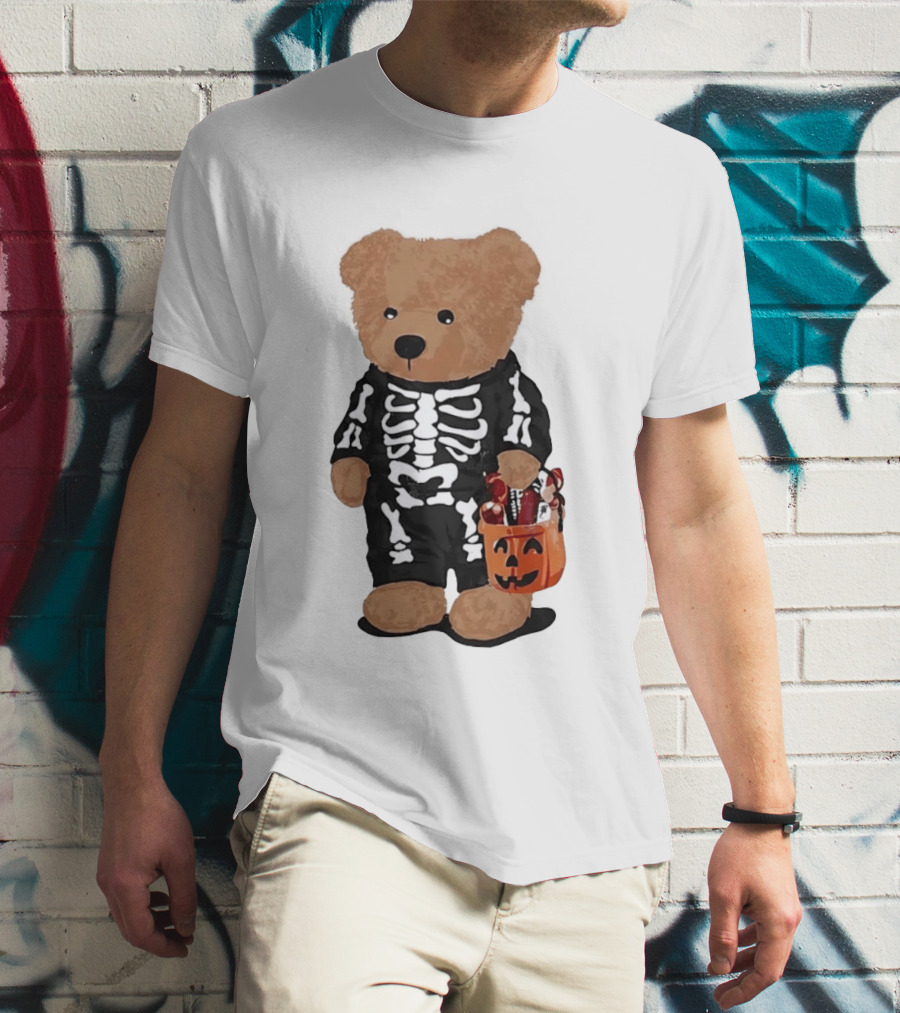 Teddy Bear Skeleton Costume Jack O Lantern Pumpkin Candy Cartoon T-Shirt