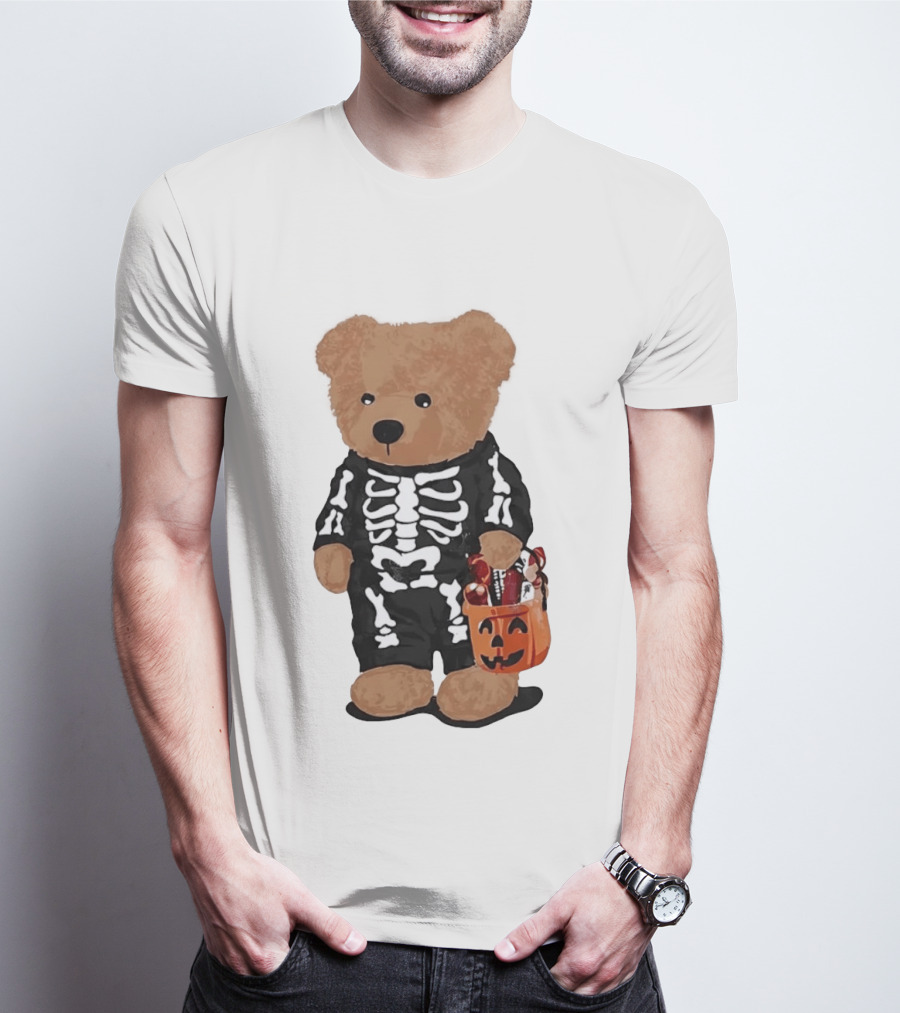 Teddy Bear Skeleton Costume Jack O Lantern Pumpkin Candy Cartoon T-Shirt