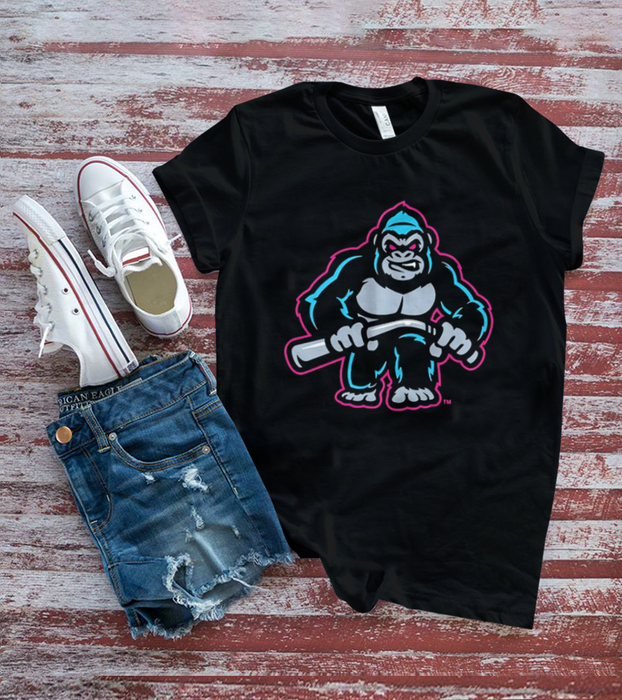 Aggressive Gorilla With Hockey Stick Neon T-Shirt