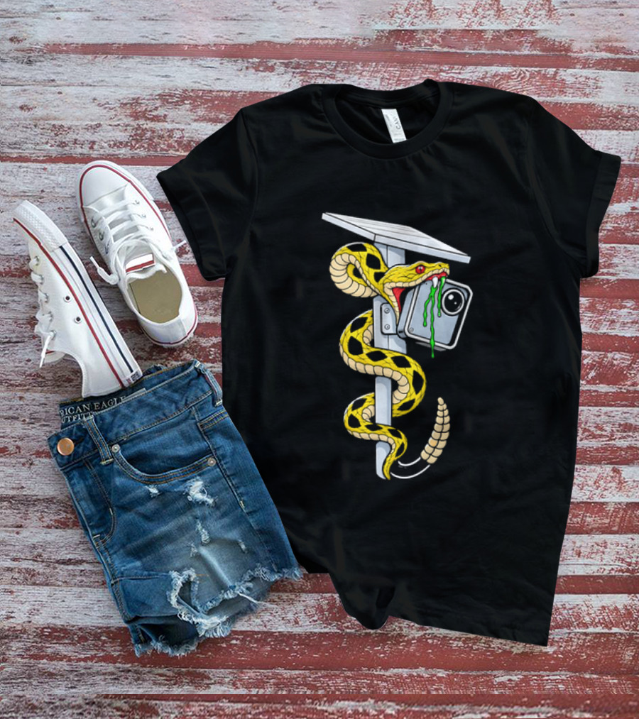 Cartoon Yellow Rattlesnake Biting Security Camera Solar Panel Pole Dripping Venom T-Shirt