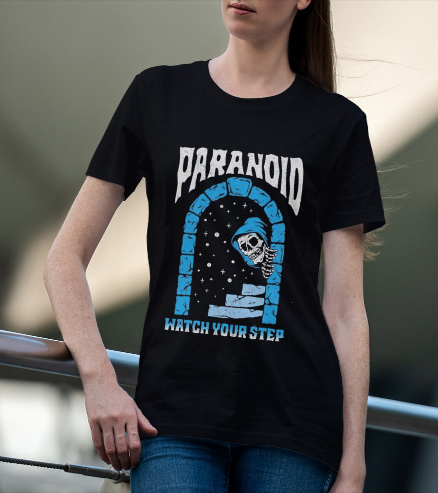 Paranoid Skeleton Peeking Stone Archway Your Step T-Shirt