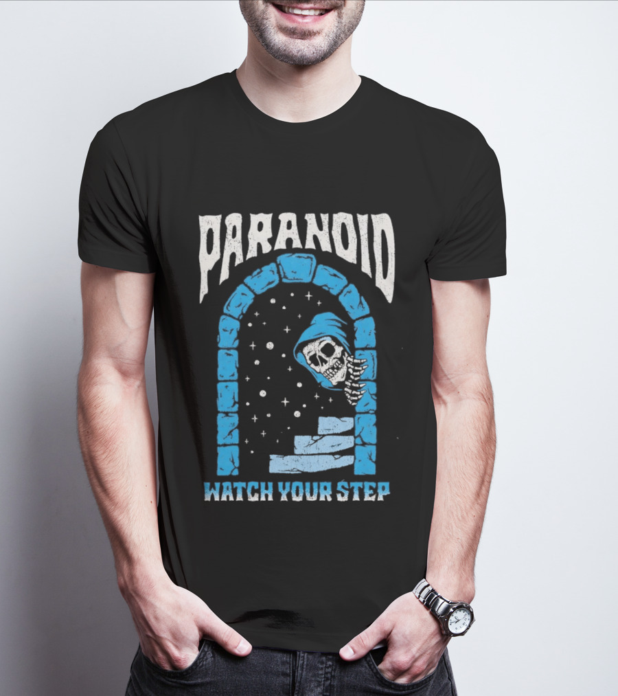 Paranoid Skeleton Peeking Stone Archway Your Step T-Shirt