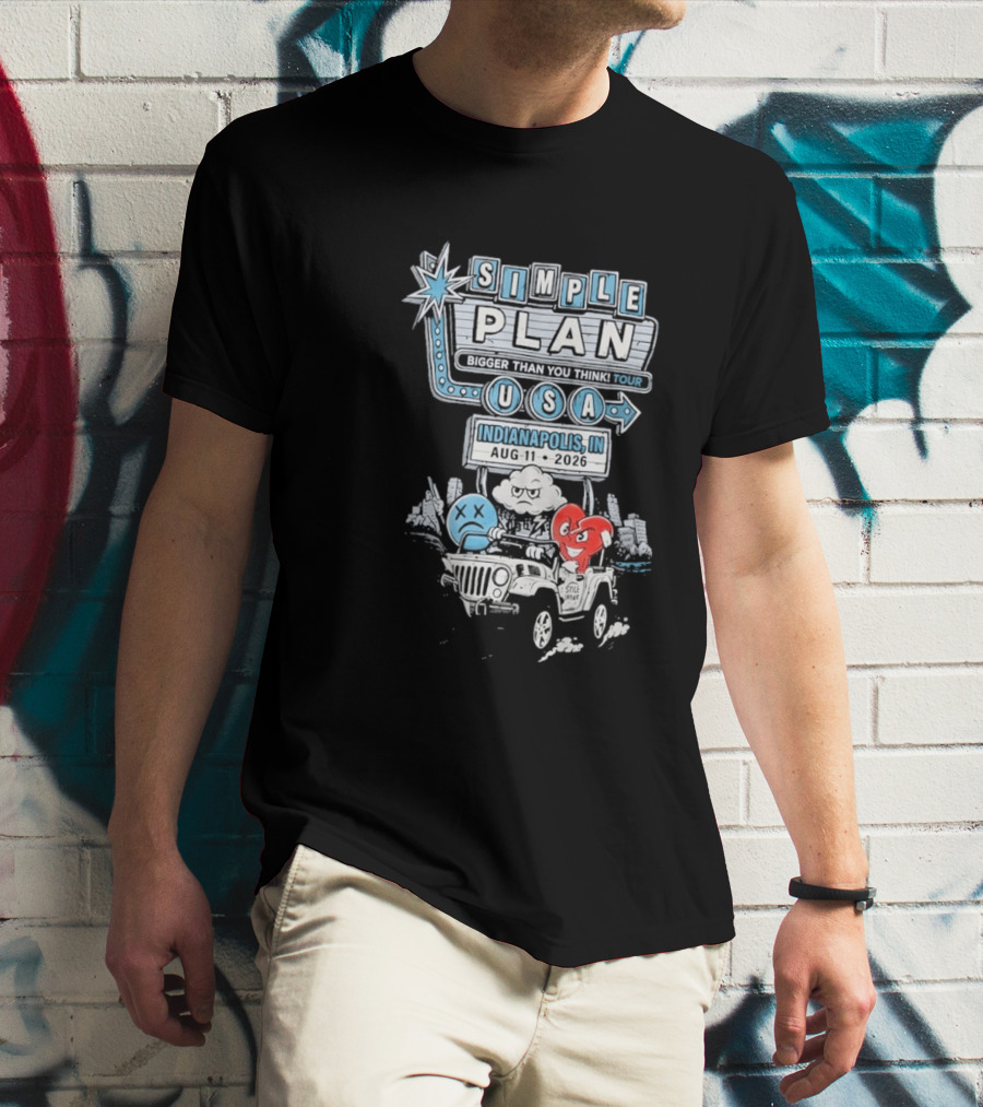 Simple Plan Indianapolis IN 2026 Bigger Than You Think Tour August 11 White River State Park USA Classic Car And Happy Heart T-Shirt