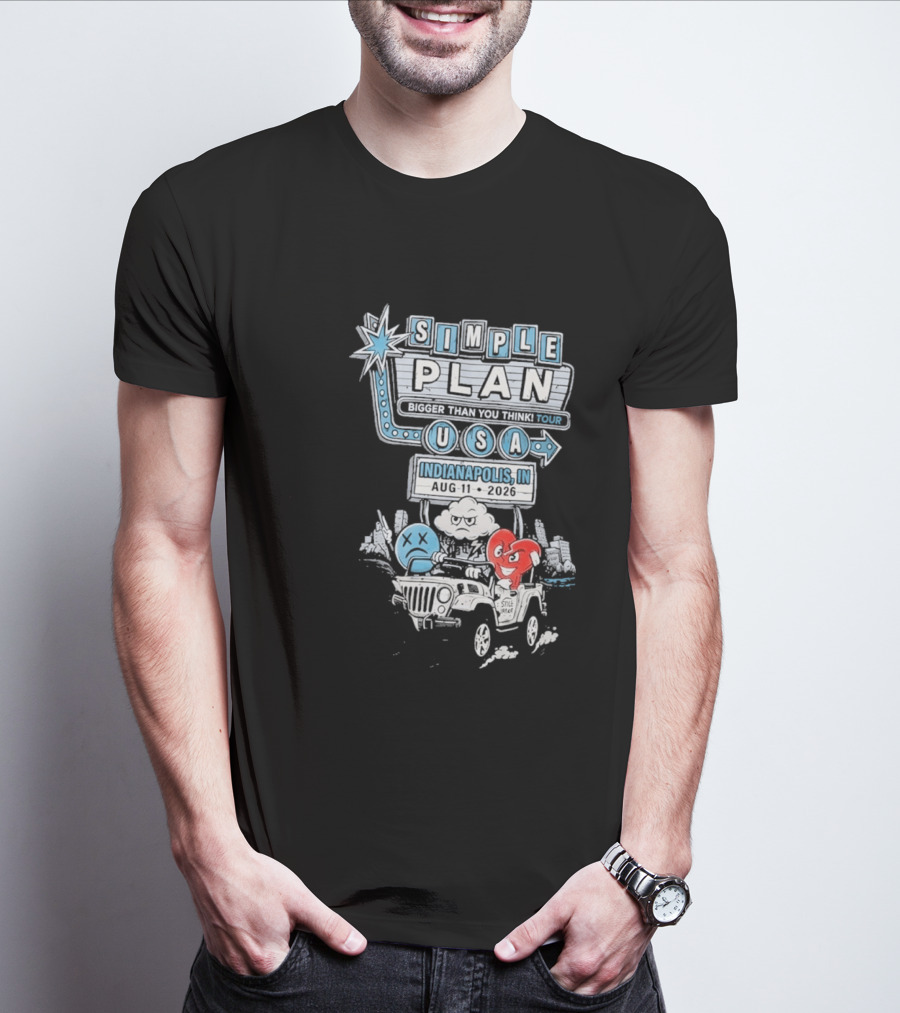 Simple Plan Indianapolis IN 2026 Bigger Than You Think Tour August 11 White River State Park USA Classic Car And Happy Heart T-Shirt