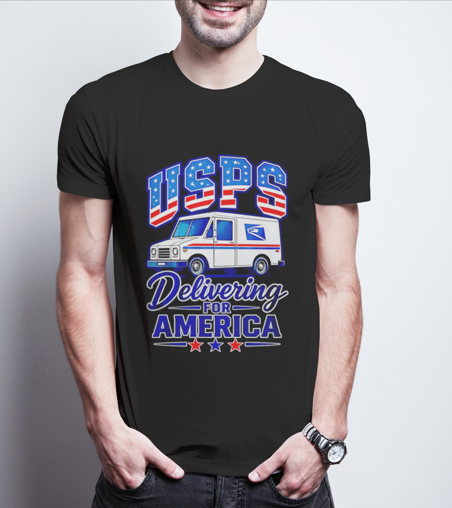 USPS Delivering For America Mail Truck Patriotic Stars And Stripes T-Shirt