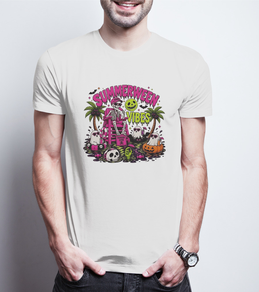 Summerween Vibes Halloween Skeleton Beach Party 2026 T-Shirt