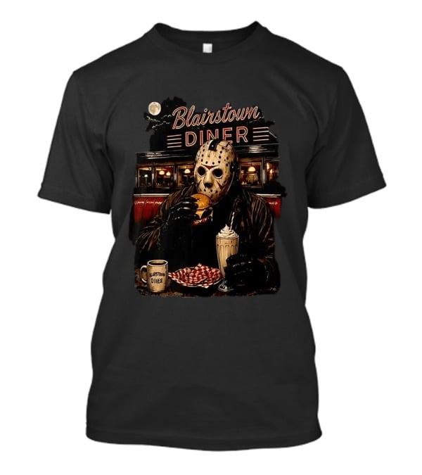 Blairstown Diner Killer Food Killer Coffee Halloween 1949 Masked Character Eating Burger And Milkshake T-Shirt
