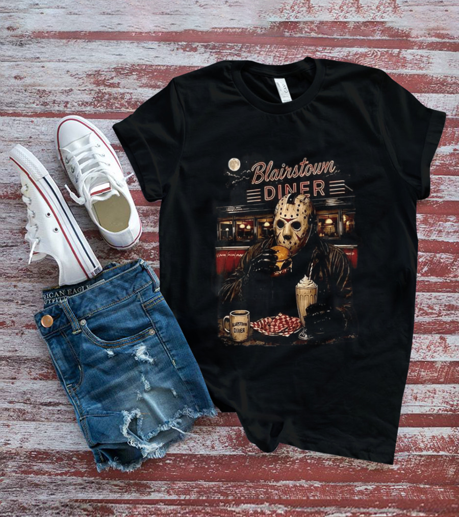 Blairstown Diner Killer Food Killer Coffee Halloween 1949 Masked Character Eating Burger And Milkshake T-Shirt