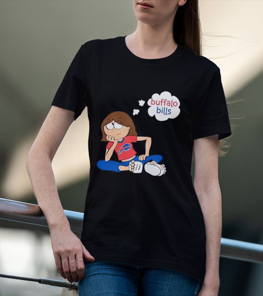 Buffalo Bills Cartoon Thoughtful Girl In Red And Blue Outfit T-Shirt