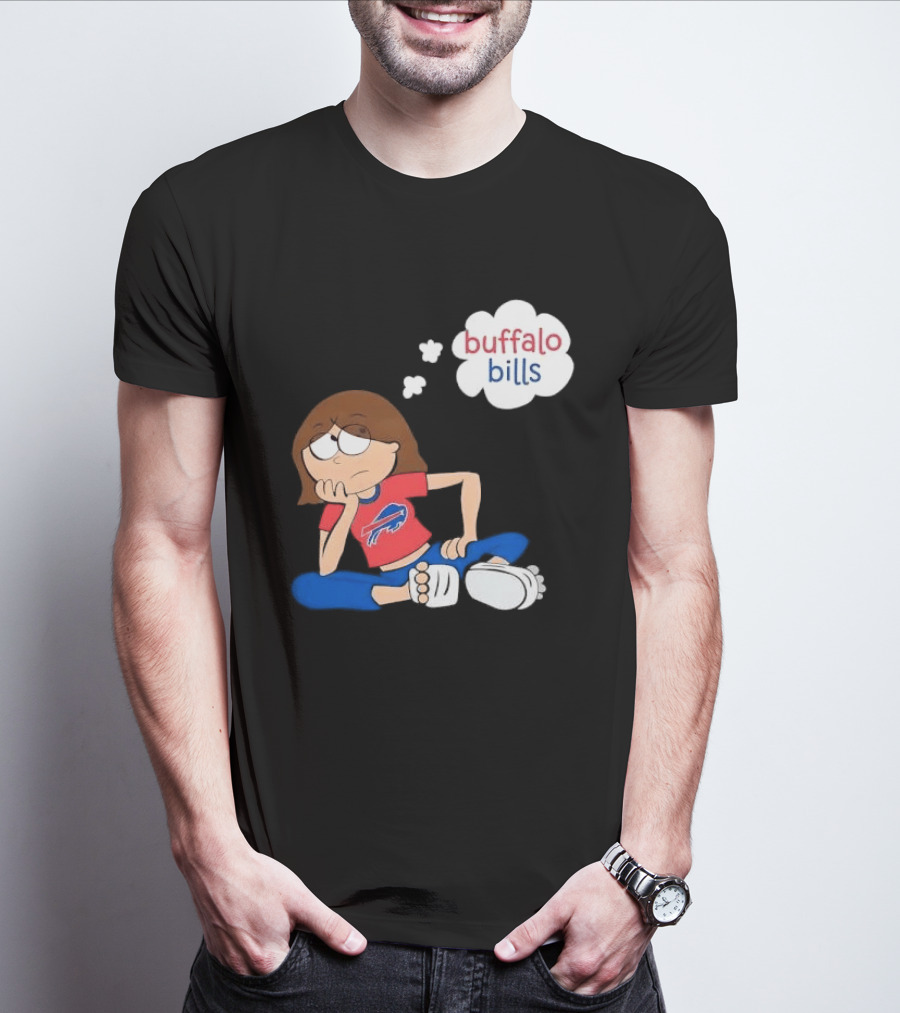 Buffalo Bills Cartoon Thoughtful Girl In Red And Blue Outfit T-Shirt