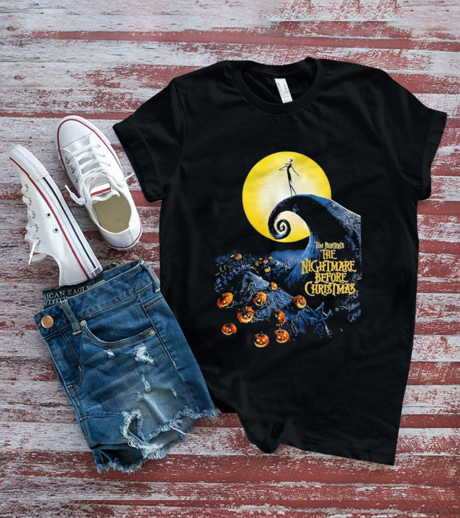 Tim Burton's The Nightmare Before Christmas Jack Skellington Moon Scene With Pumpkins T-Shirt